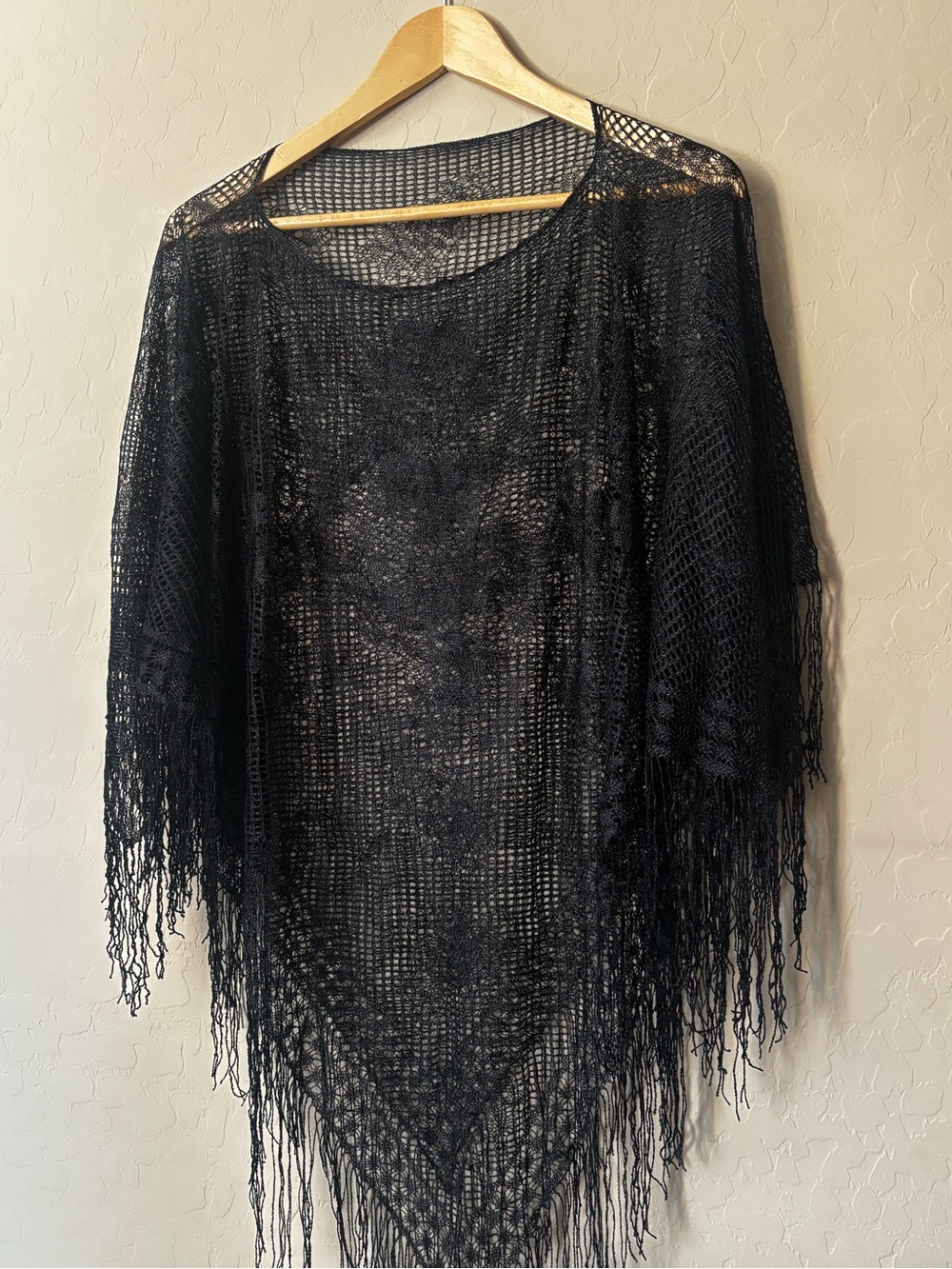 Free People Beach Riot Black Open-Knit Fringe Poncho - Picture 2 of 4